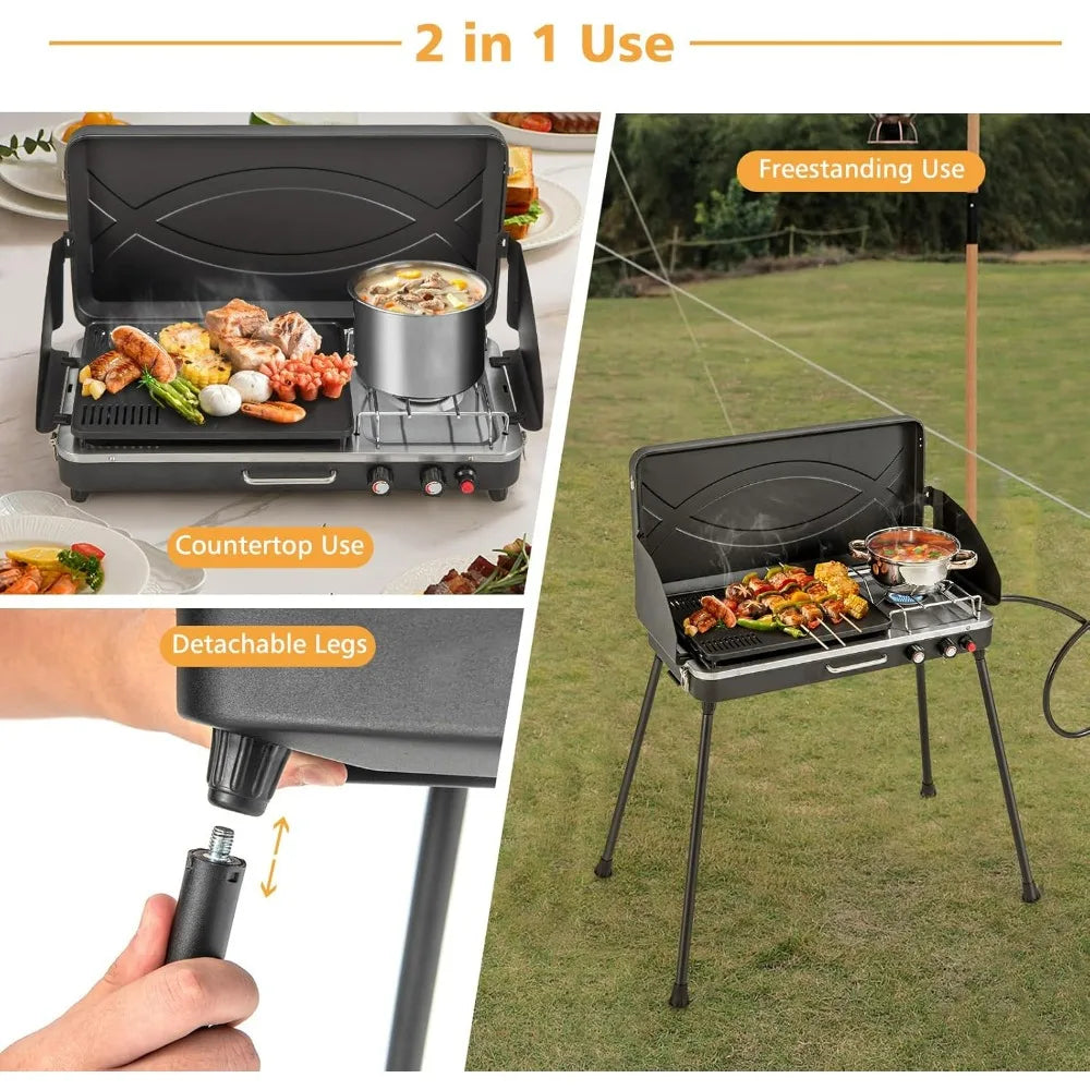 Portable Propane Grill & Camping Stove, 20,000 BTU Gas Camping Grill Burner, Independent Temperature Control, 3-Sided Wi