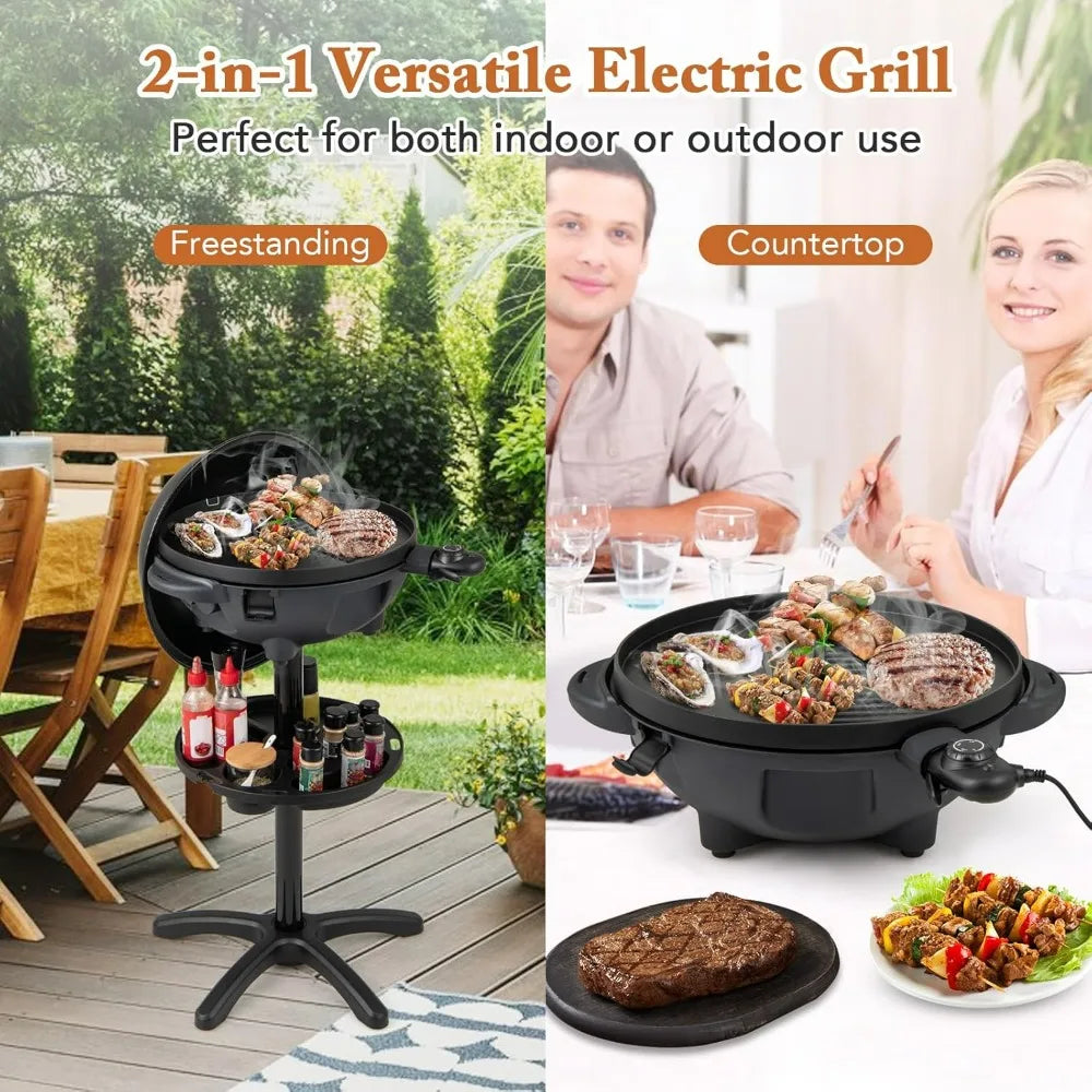 Electric Grill Outdoor, 1200W Electric BBQ Grills Outdoor Cooking With Lid & Thermometer, Nonstick Griddle, Drip Tray, 2