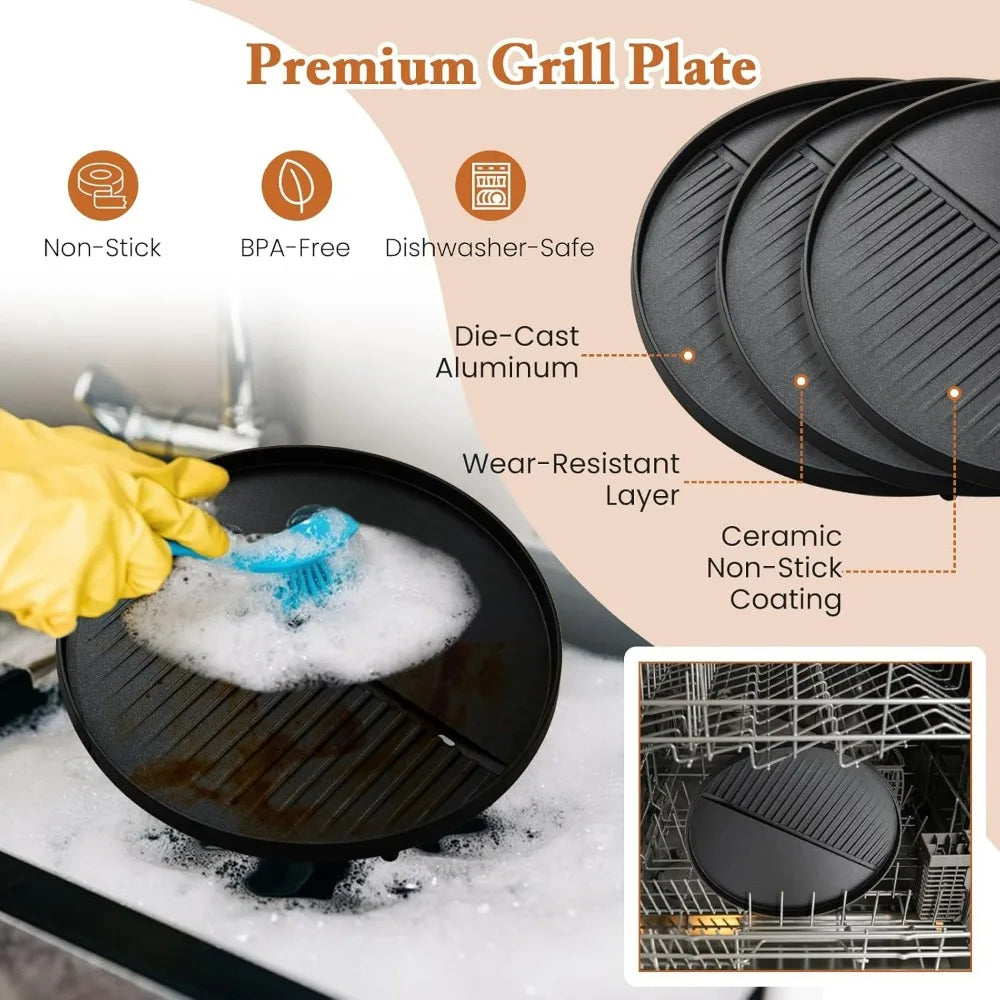 Electric Grill Outdoor, 1200W Electric BBQ Grills Outdoor Cooking With Lid & Thermometer, Nonstick Griddle, Drip Tray, 2
