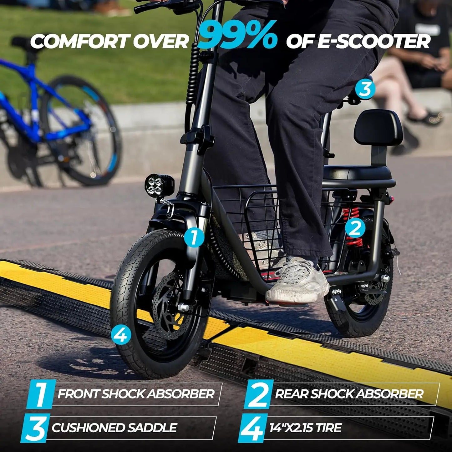 850W peak adult electric scooter,25 miles 20 MPHequipped with 14 inch tires, dual brakes dual suspension, a seat basket