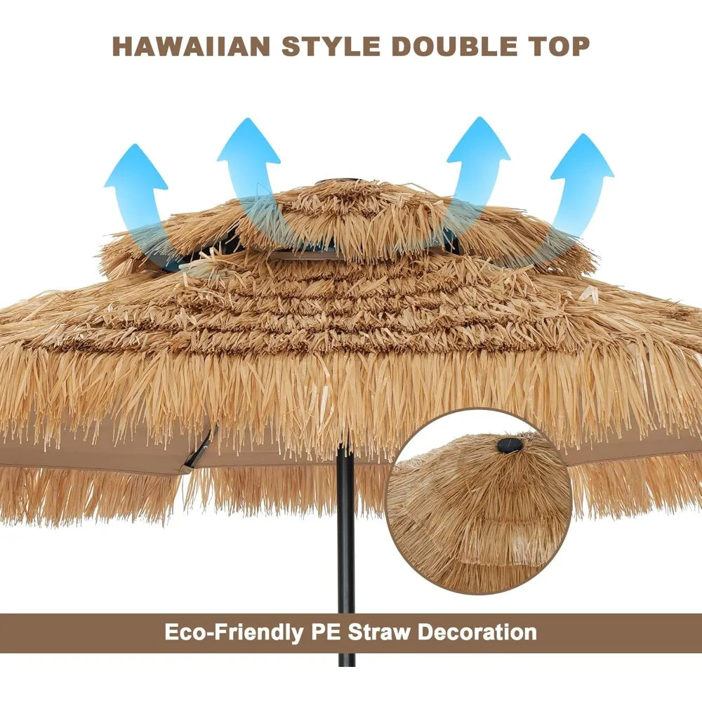 Hawaiian-Inspired Tiki Bar Patio Umbrella with Base, Tropical Beach Umbrella for Outdoor Poolside Use