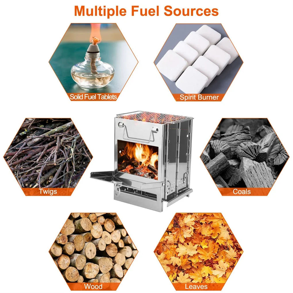 Foldable Camping Wood Burning Stove with Grill, Camp Stove Collapsible Backpacking Survival Stove Stainless Steel Campfire Stove