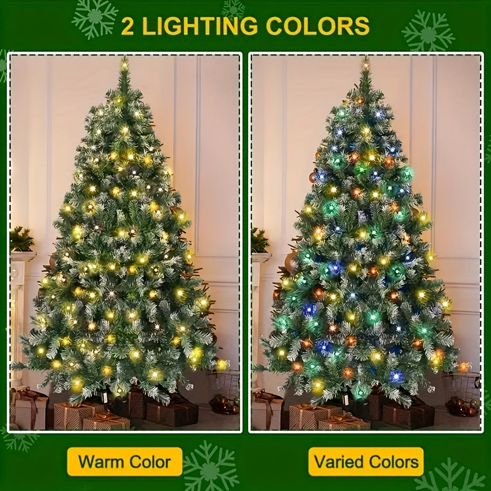 6.5ft Pre-Lit Snowy Pine Christmas Tree with 480 Branches & 200 Warm&Multi-color 11 Lighting Modes Christmas String Lights - Easy Assembly, 360° Rotating Stand Included - Ideal for Home & Office Festive Decoration