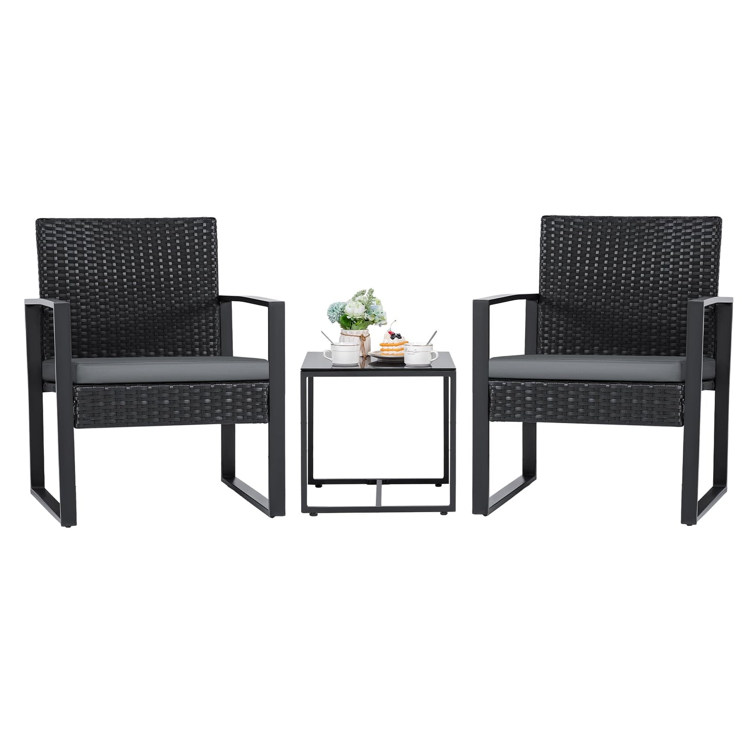 Flamaker 3 Pieces Outdoor Patio Wicker Furniture Set, Modern Rattan Chair Conversation Sets with Coffee Table for Yard and Bistro (Black)
