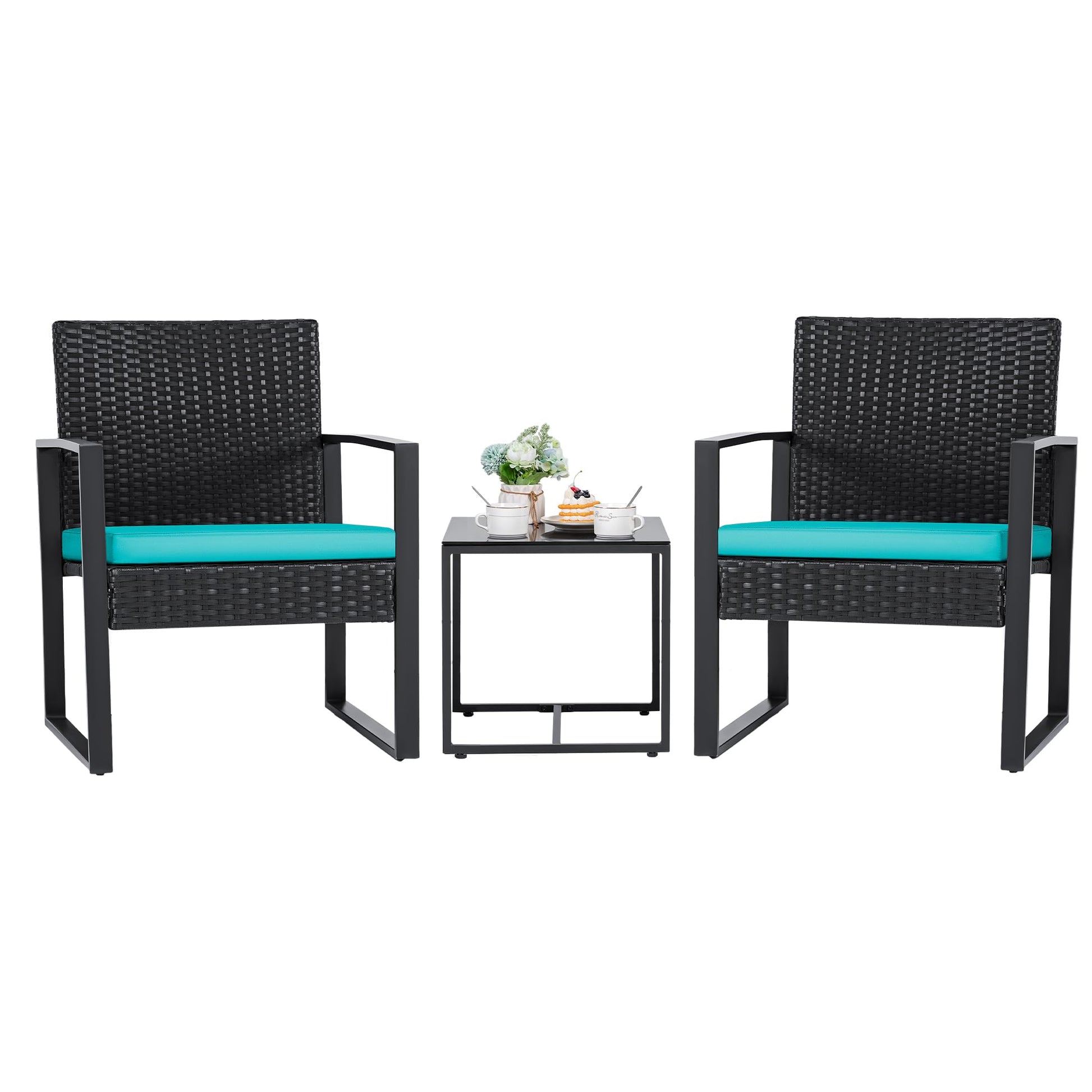 Flamaker 3 Pieces Outdoor Patio Wicker Furniture Set, Modern Rattan Chair Conversation Sets with Coffee Table for Yard and Bistro (Black)