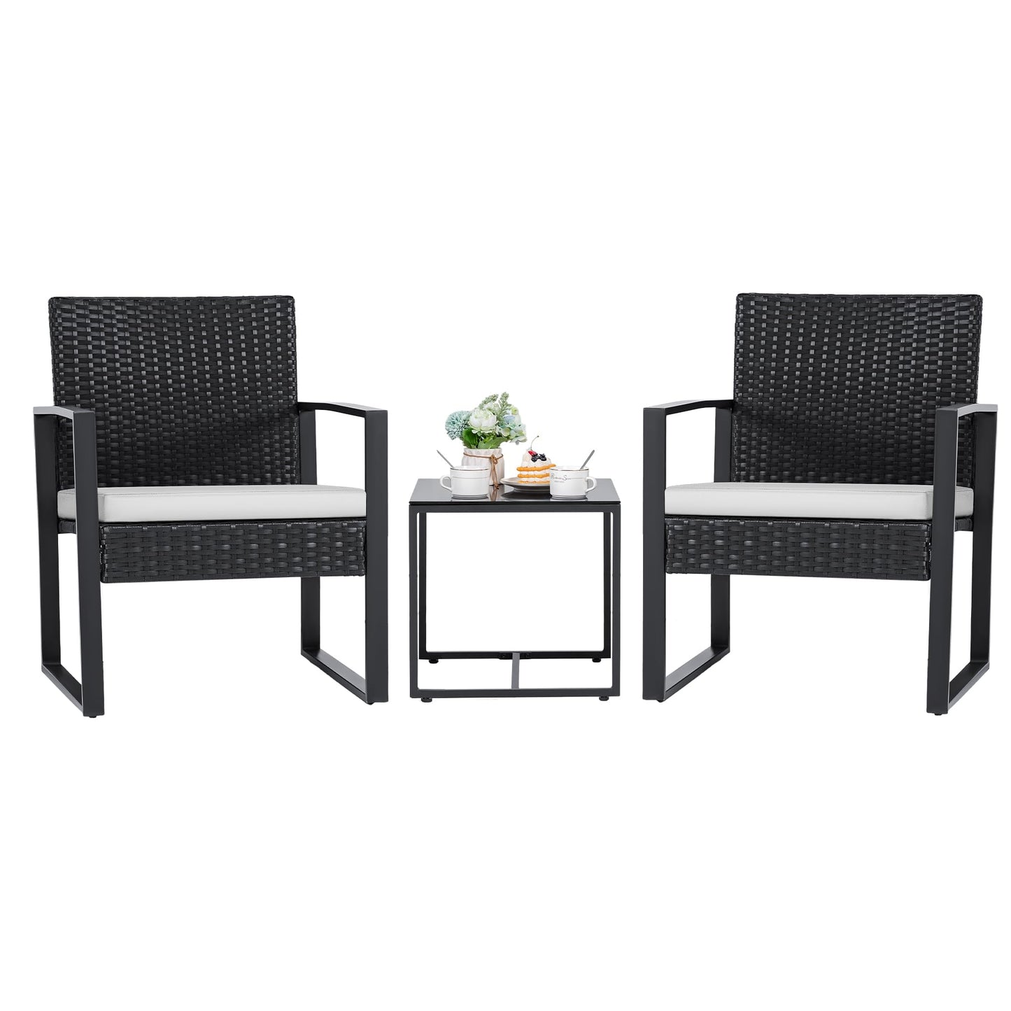 Flamaker 3 Pieces Outdoor Patio Wicker Furniture Set, Modern Rattan Chair Conversation Sets with Coffee Table for Yard and Bistro (Black)