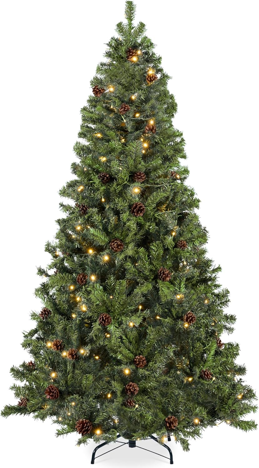 Best Choice Products 6ft Pre-Lit Pre-Decorated Pine Artificial Christmas Tree w/ 1,000 Tips, 59 Pinecones, 250 Lights, Base - Green
