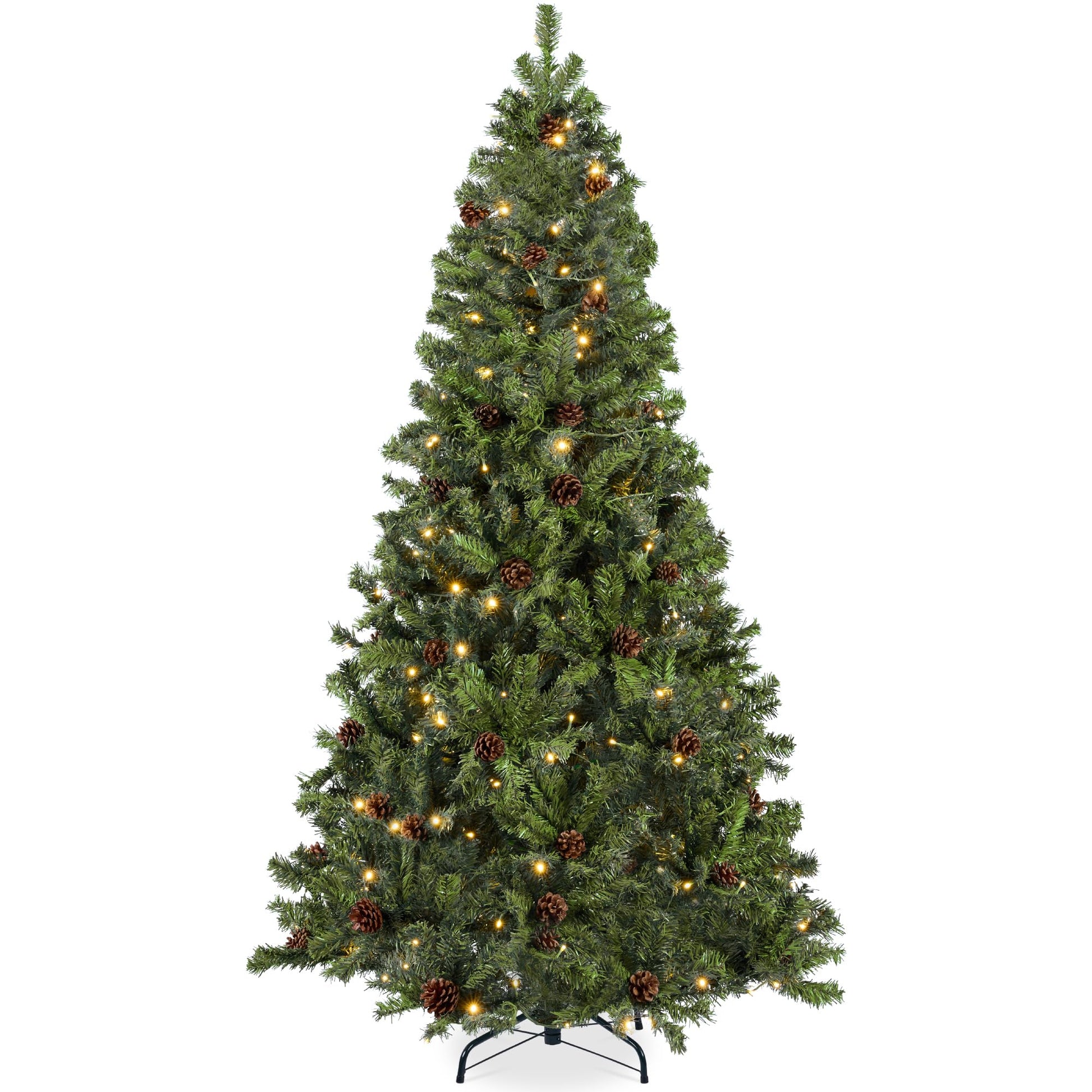 Best Choice Products 6ft Pre-Lit Pre-Decorated Pine Artificial Christmas Tree w/ 1,000 Tips, 59 Pinecones, 250 Lights, Base - Green