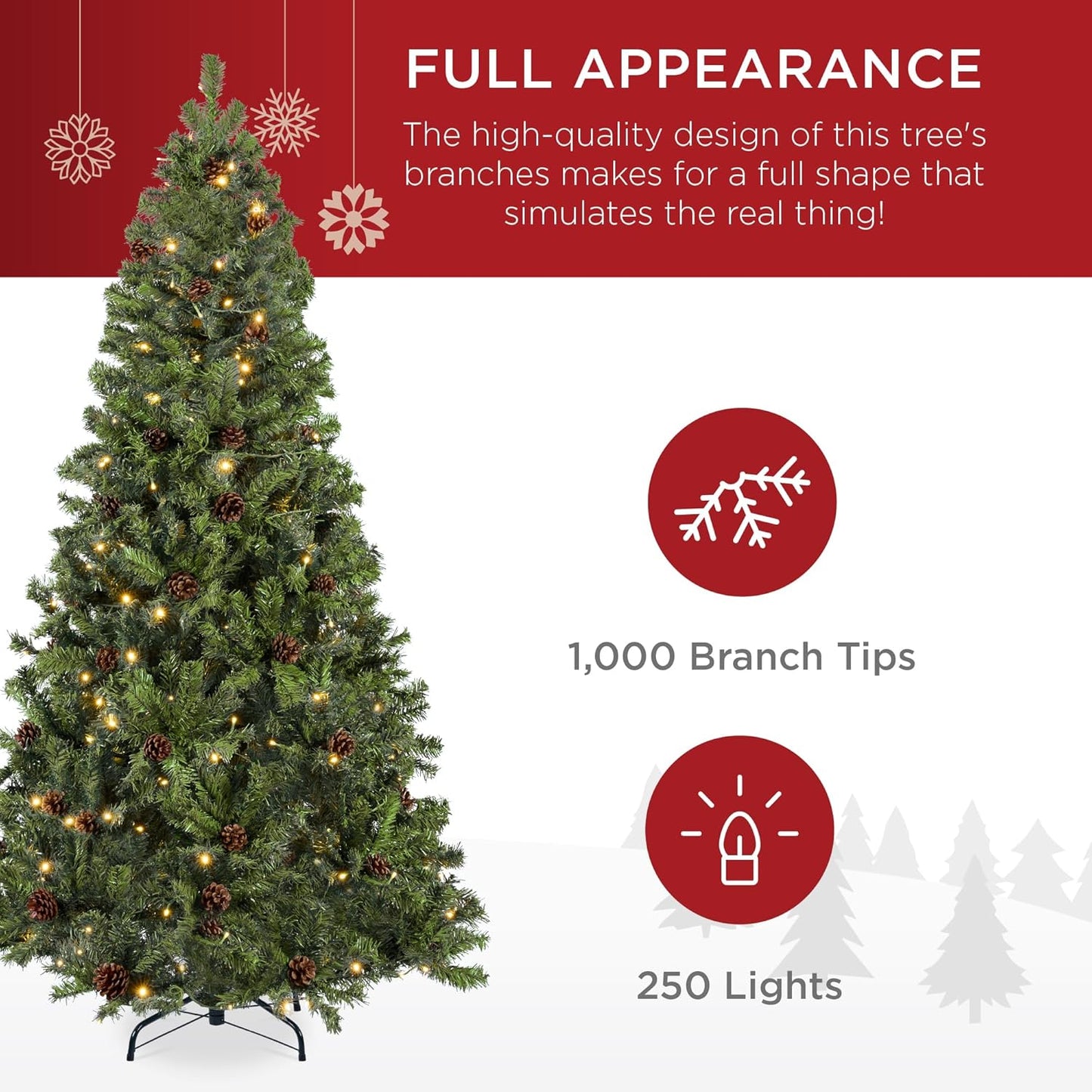 Best Choice Products 6ft Pre-Lit Pre-Decorated Pine Artificial Christmas Tree w/ 1,000 Tips, 59 Pinecones, 250 Lights, Base - Green