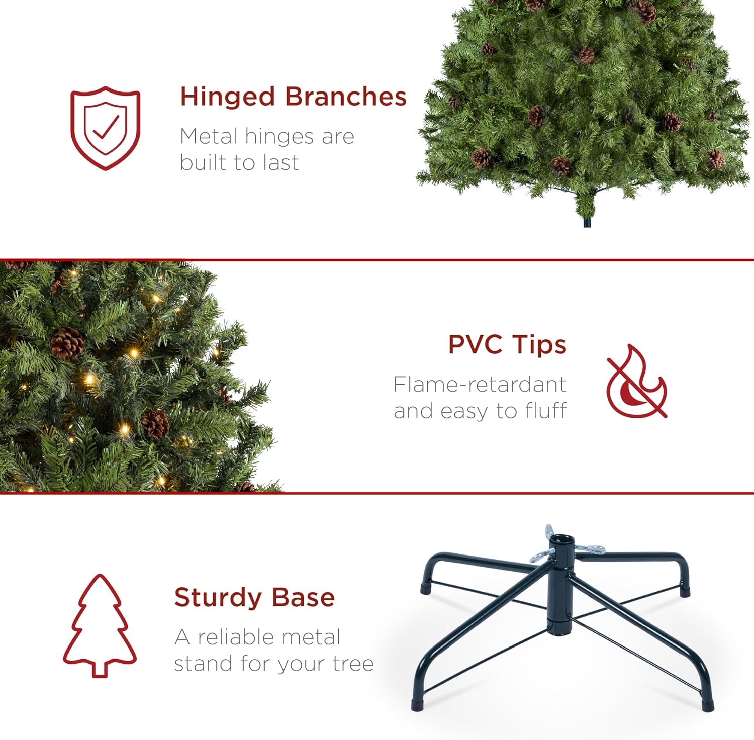 Best Choice Products 6ft Pre-Lit Pre-Decorated Pine Artificial Christmas Tree w/ 1,000 Tips, 59 Pinecones, 250 Lights, Base - Green