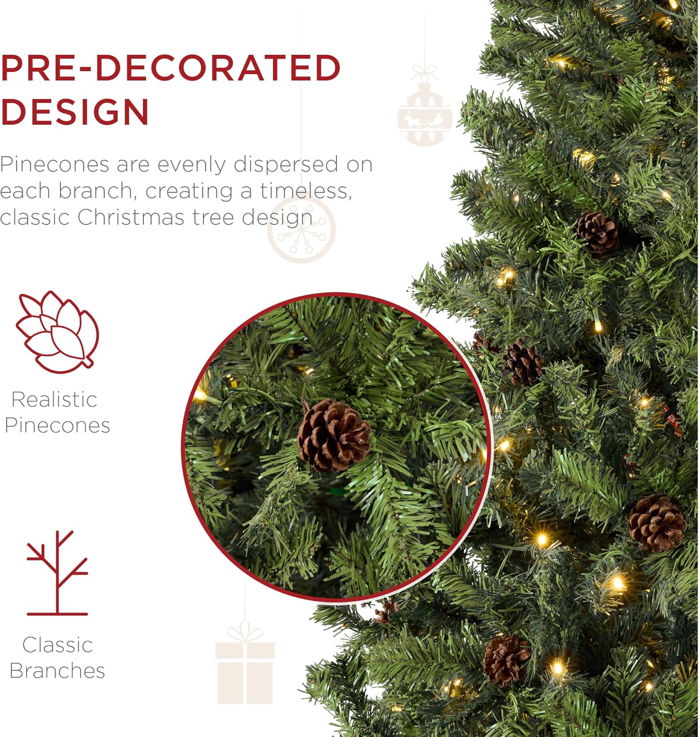 Best Choice Products 6ft Pre-Lit Pre-Decorated Pine Artificial Christmas Tree w/ 1,000 Tips, 59 Pinecones, 250 Lights, Base - Green