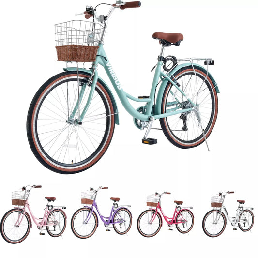 7-Speed Beach Cruiser Bike 24''/26" City Bicycle w Basket for Women