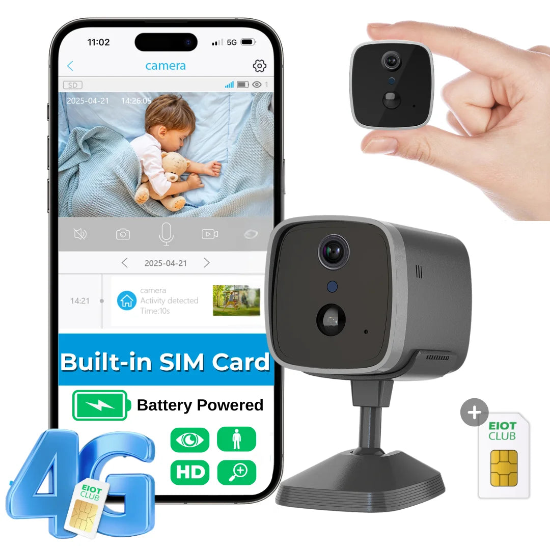 Mini 4G Wireless Security Camera with SIM Card, Battery Powered, Night Vision, Human Detection, Indoor Outdoor Use Hidden Cam