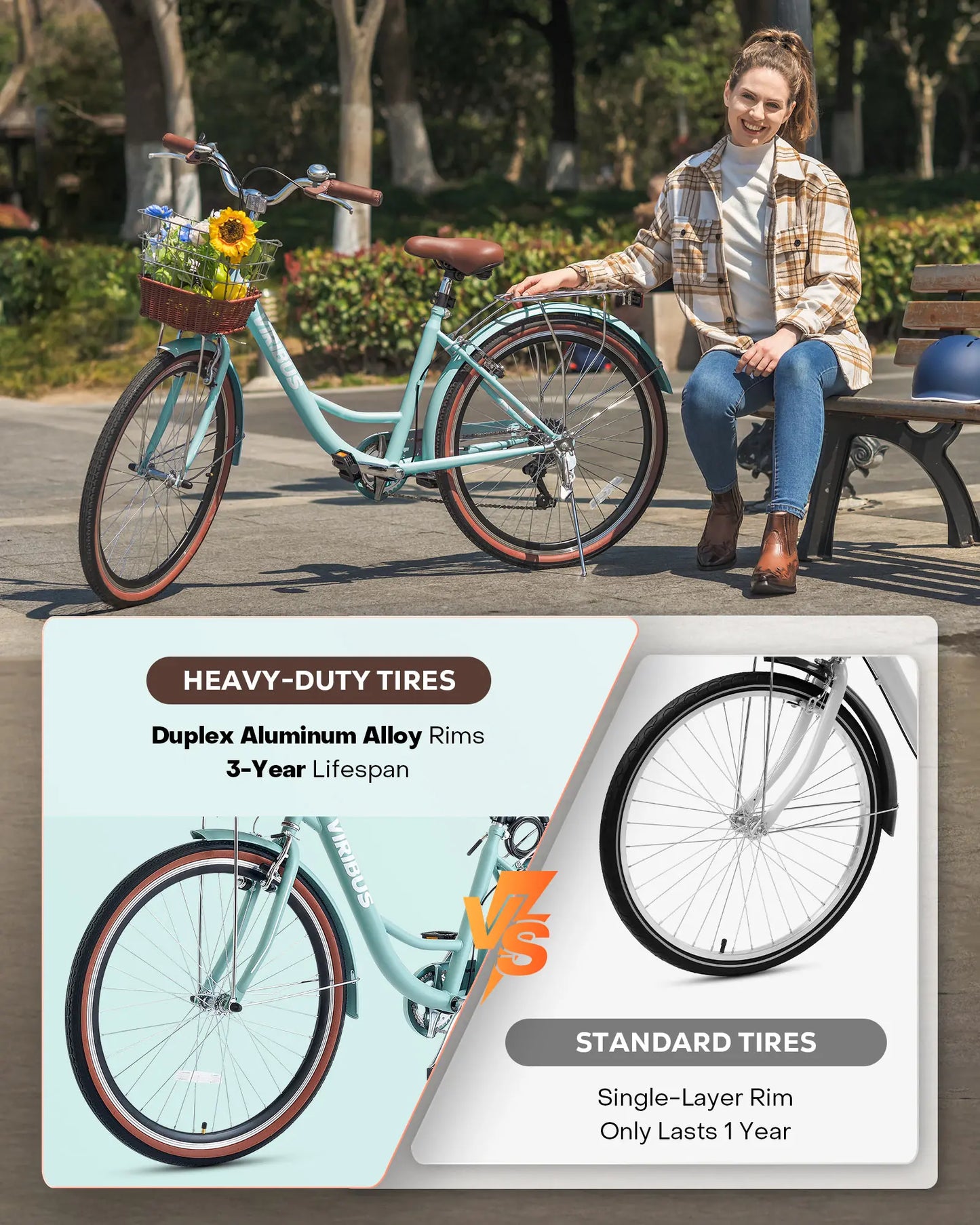 7-Speed Beach Cruiser Bike 24''/26" City Bicycle w Basket for Women