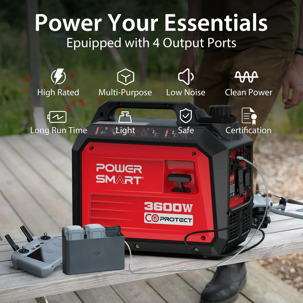 PowerSmart Generator, Camping Gear and Equipment, 3600 Watt Super Quiet Portable Inverter Generator,Gas Powered, RV Ready