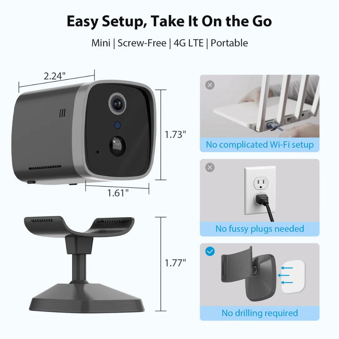 Mini 4G Wireless Security Camera with SIM Card, Battery Powered, Night Vision, Human Detection, Indoor Outdoor Use Hidden Cam