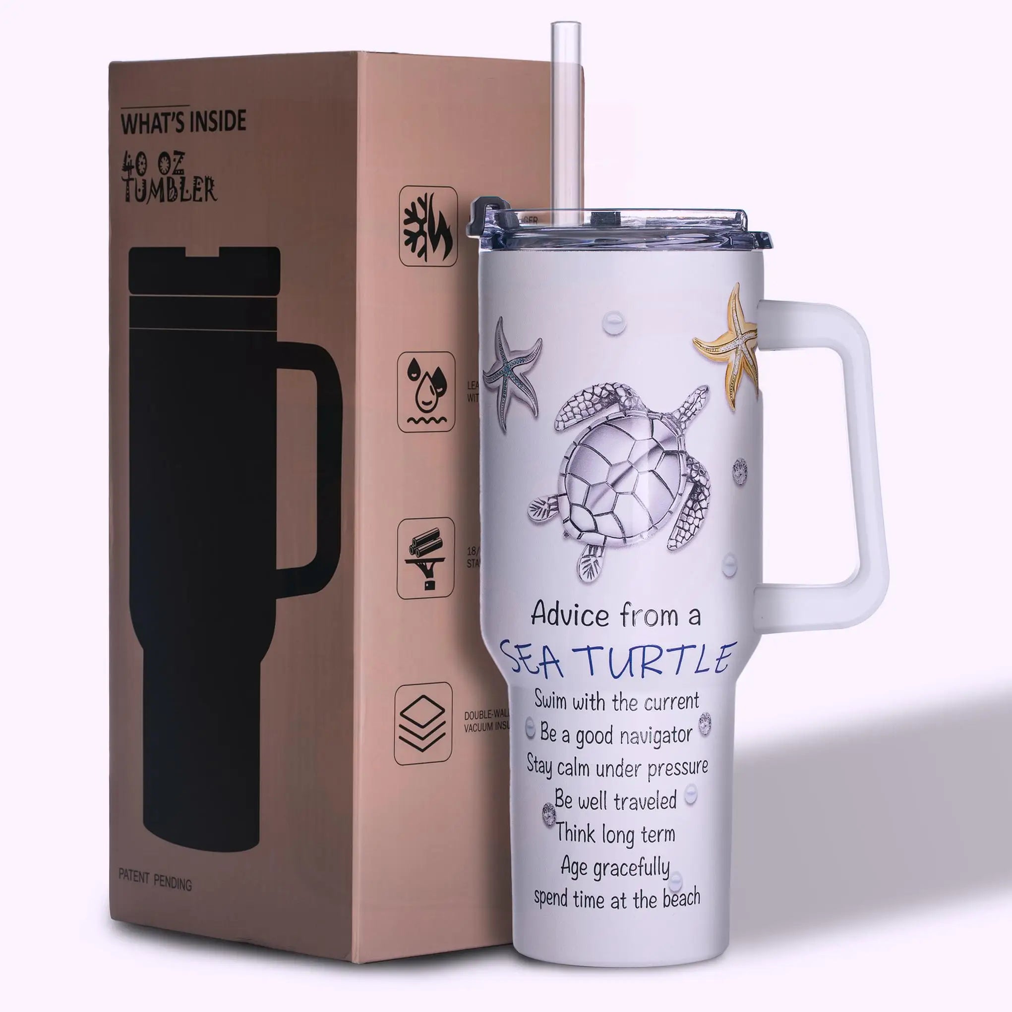 40oz Sea Turtle Stainless Steel Tumbler – Vacuum Insulated Travel Mug with 3D Ocean Print, Lid, Handle, Gift for Women