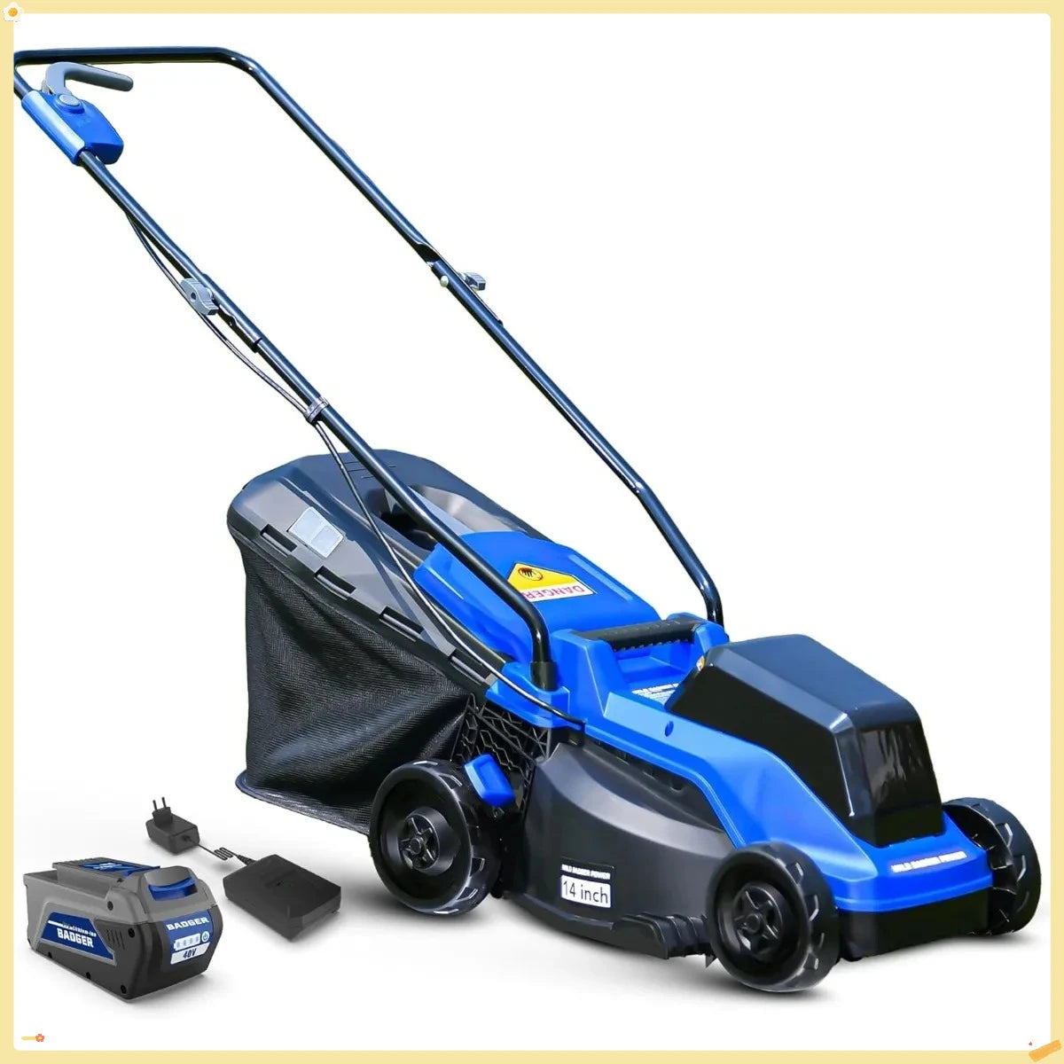 Electric Lawn Mower 40V Brushless 14" Cordless&Push, 5 Cutting Height Adjustment, 4Ah Battery and Super Charger, Blue