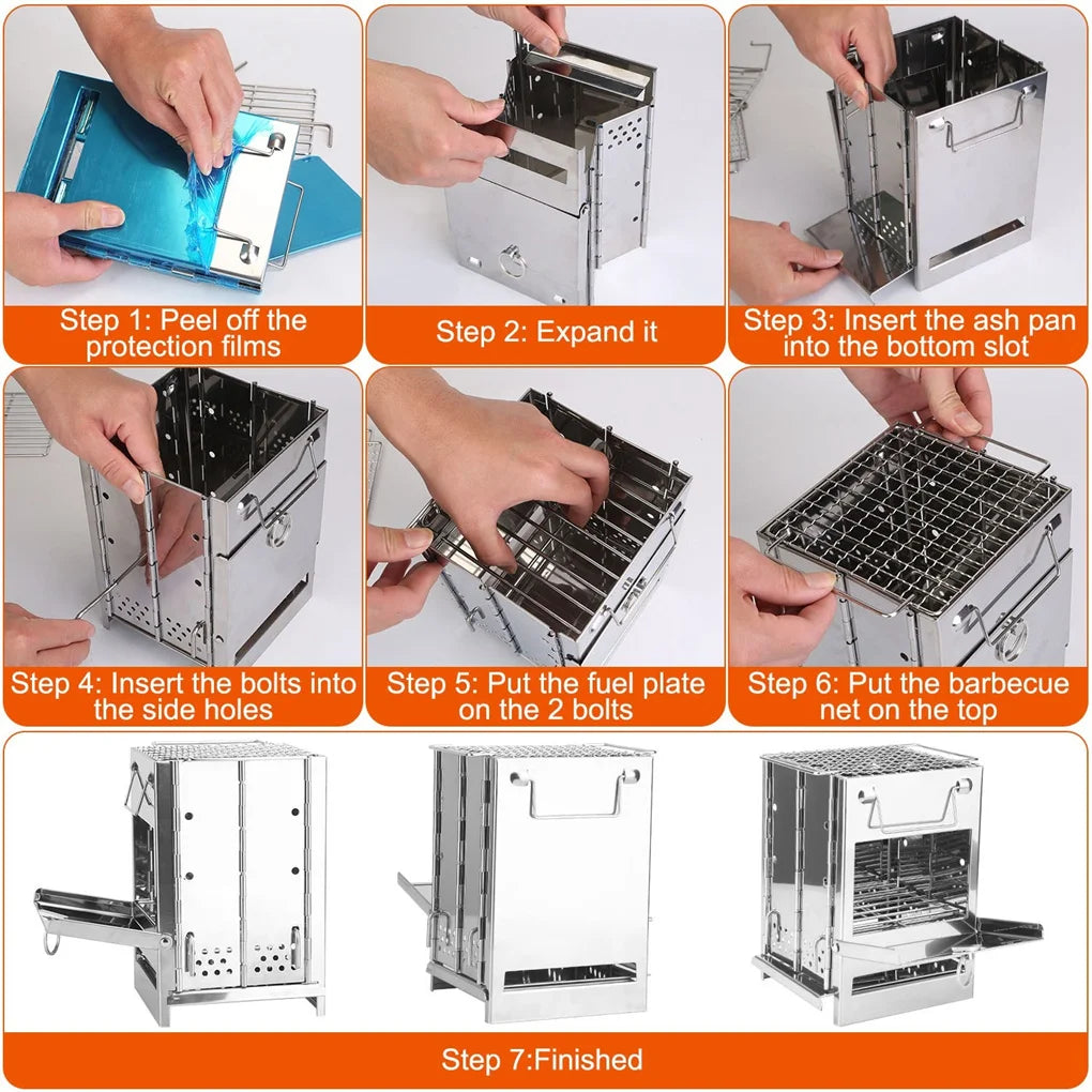 Foldable Camping Wood Burning Stove with Grill, Camp Stove Collapsible Backpacking Survival Stove Stainless Steel Campfire Stove