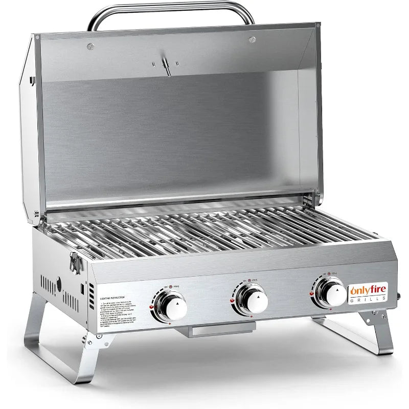 Gas Grill 3 Burners, Stainless Steel Portable Propane Grill with Foldable Legs for Outdoor Patio Backyard Camping, Tailgating