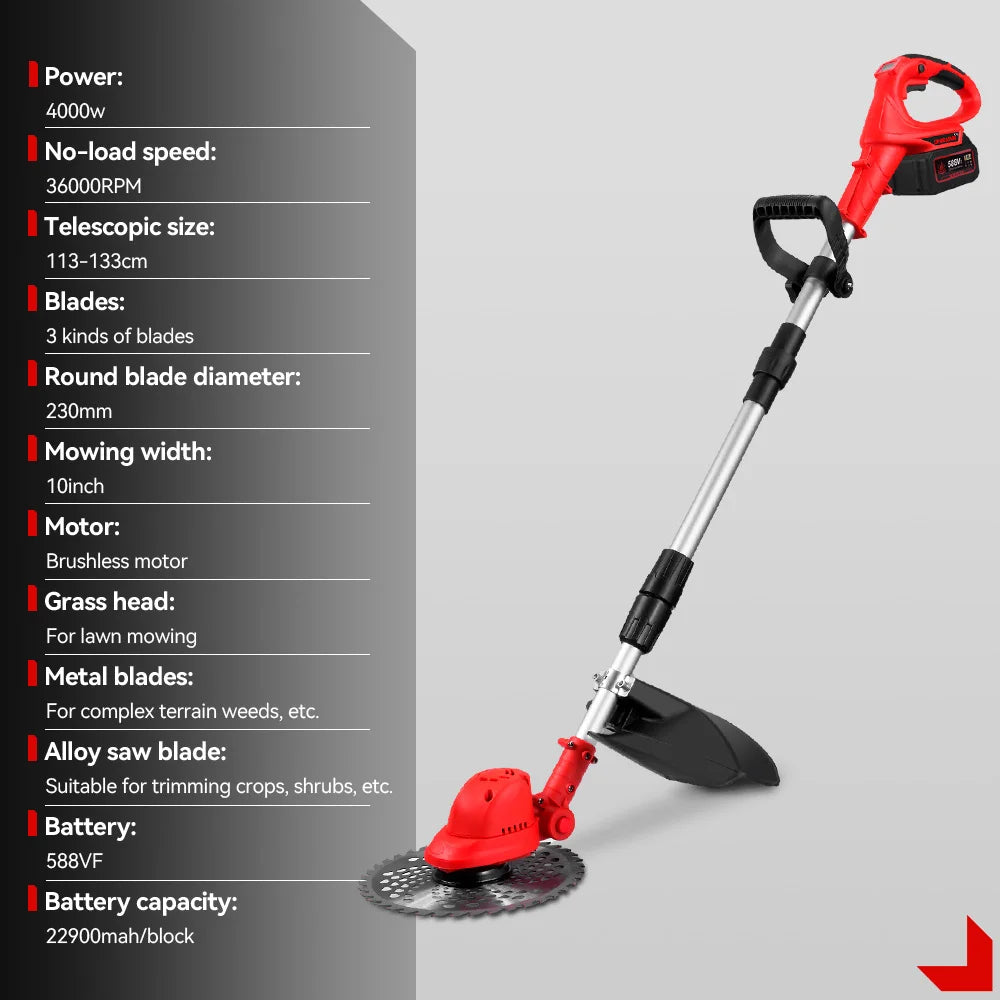 Cordless Brushless Electric Lawn Mower 10" Grass Trimmer Foldable Adjustable Garden Cutter Tool For Makita Battery Pin
