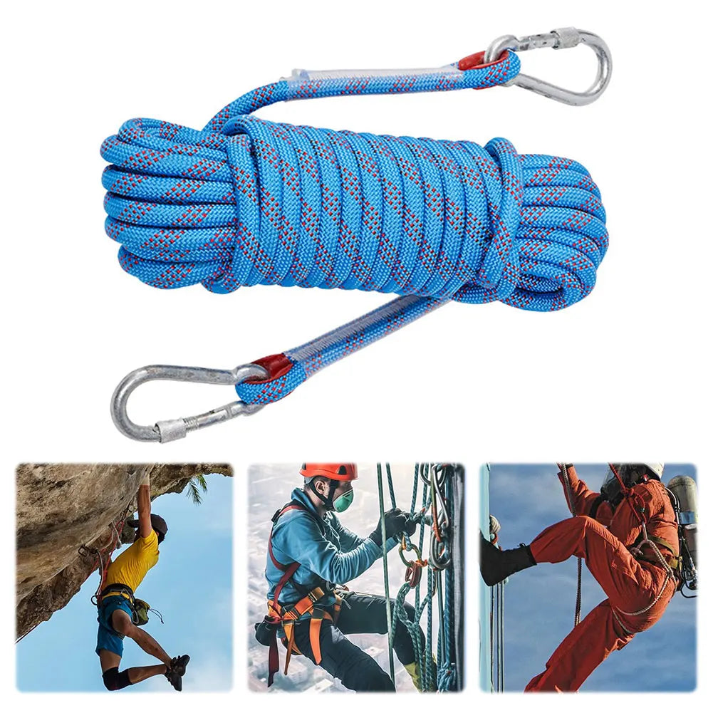 10mm Rock Climbing Rope with 2 Hooks Outdoor Static Rapelling Rope 10m/20m/30m Mountaineering Rope for Fire Escape Car Rescue