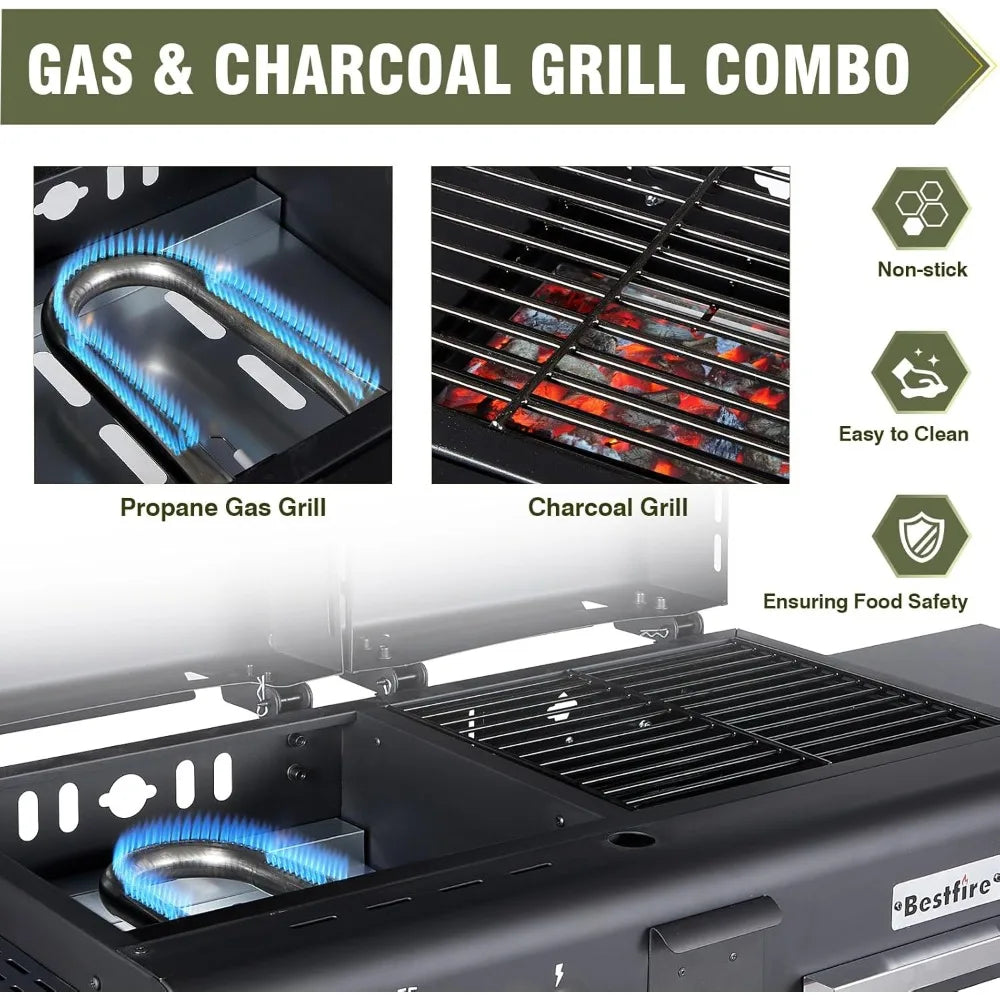 Outdoor Dual Fuel BBQ Grill with Flat Top Griddle and Charcoal Grill, Featuring Dual Lids and Side Shelves for Versatile Barbecue