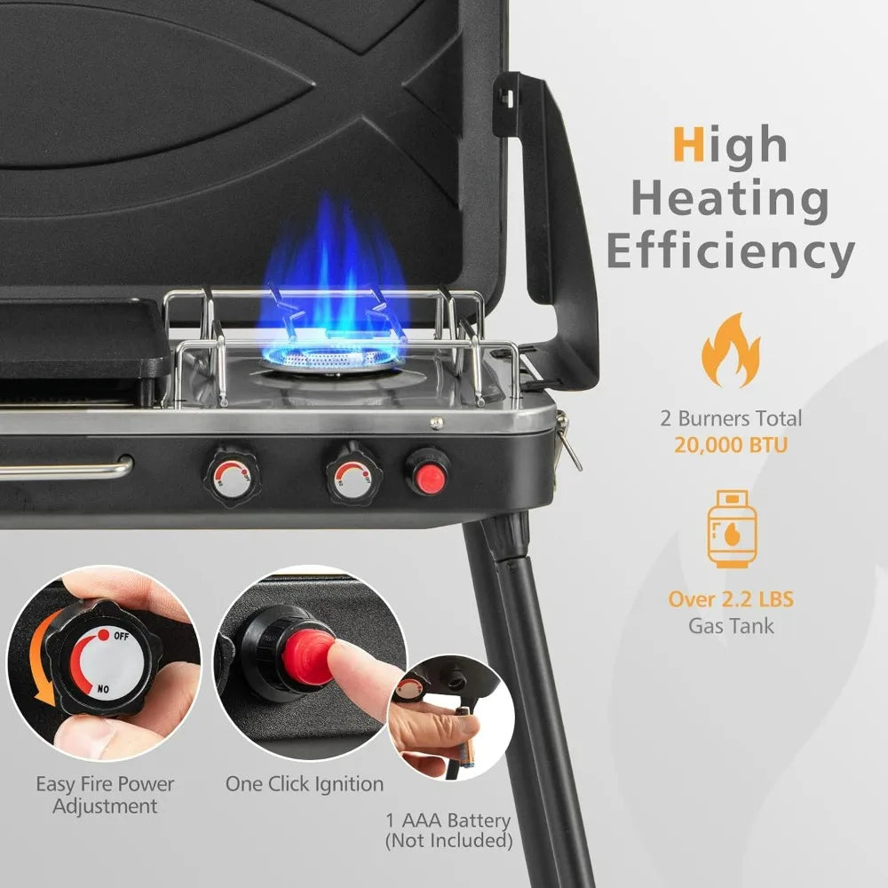 Portable Propane Grill & Camping Stove, 20,000 BTU Gas Camping Grill Burner, Independent Temperature Control, 3-Sided Wi