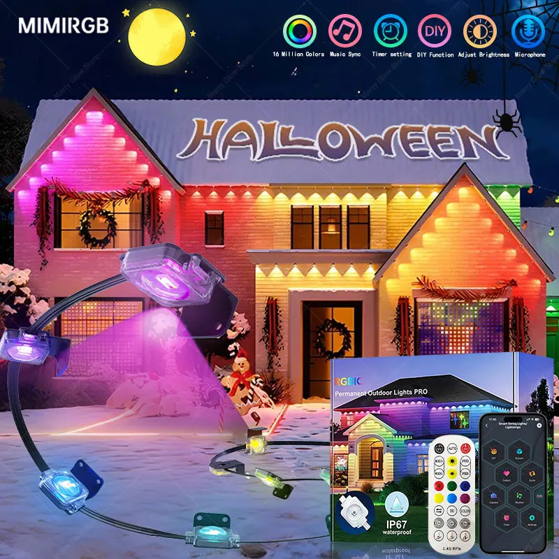 30M 60LEDs RGBIC Permanent Outdoor Eaves Lights Music Sync Timer IP67 Waterproof String Home Christmas Halloween Decor Alexa compatible