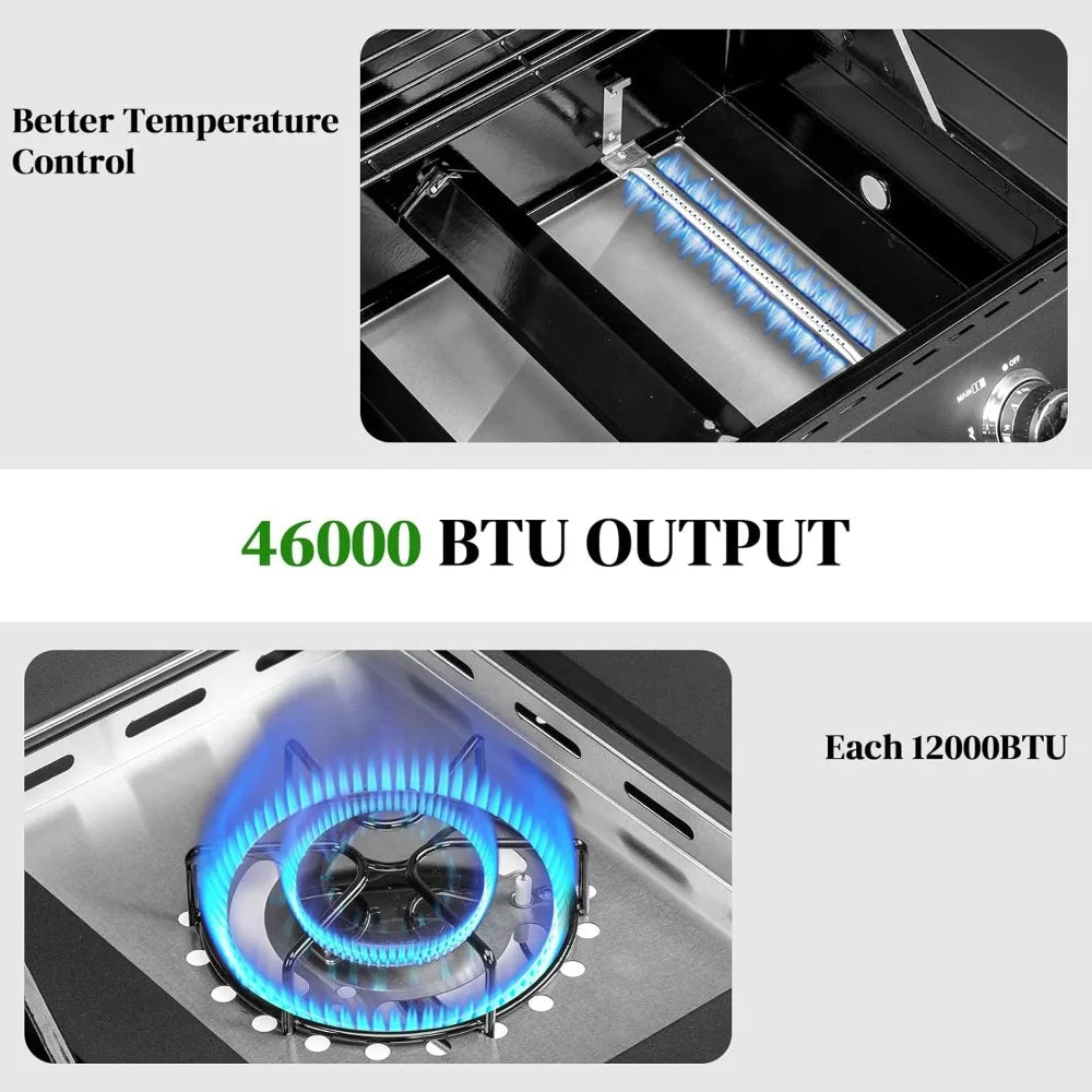 3-Burner Propane Gas BBQ Grill with Side Burner & Enameled Cast Iron Grates, 46,000 BTU Barbecue Grill with Wheels for Outdoor