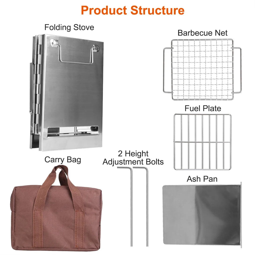 Foldable Camping Wood Burning Stove with Grill, Camp Stove Collapsible Backpacking Survival Stove Stainless Steel Campfire Stove