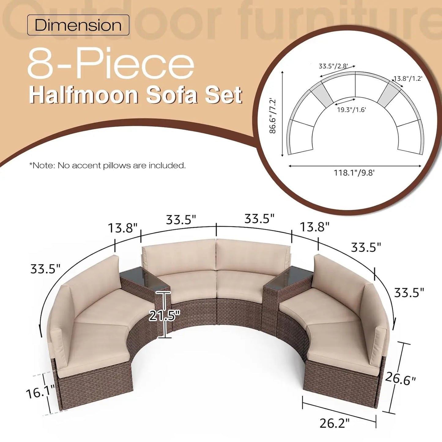 Outdoor Patio 8-Piece Half Moon Curved Furniture Sofa Set Brown Wicker Sectional Sofa Beige Cushions With 2 Side, Customized