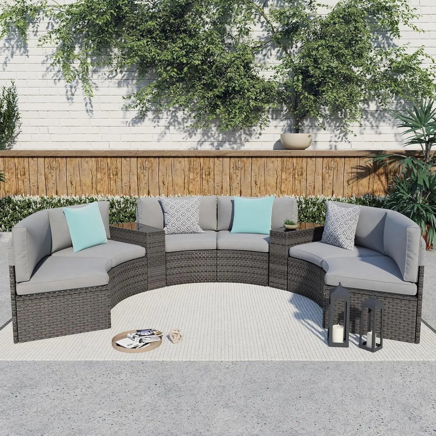 Outdoor Patio 8-Piece Half Moon Curved Furniture Sofa Set Brown Wicker Sectional Sofa Beige Cushions With 2 Side, Customized