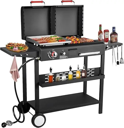 Outdoor Dual Fuel BBQ Grill with Flat Top Griddle and Charcoal Grill, Featuring Dual Lids and Side Shelves for Versatile Barbecue