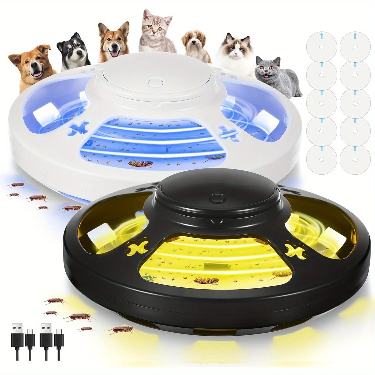 2 Pack Flea Traps - UV Light & 4 LED Modes | 10 Refills for Fleas/Mosquitoes/Gnats | Indoor Pest Control for Home/Office