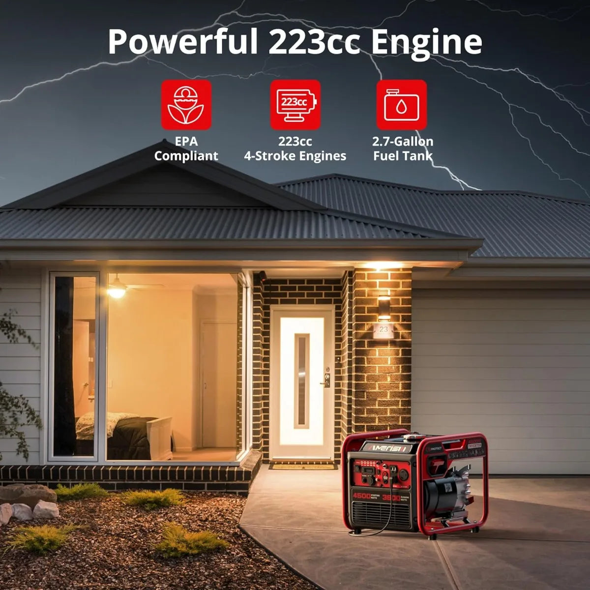 4500W Portable Inverter Generator, Gas Powered with CO Sensor for Camping Tailgating and Emergency