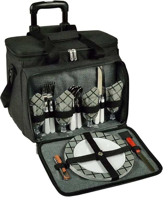 Original Insulated Picnic Cooler with Service for 4 on Wheels-Designed & Assembled in USA