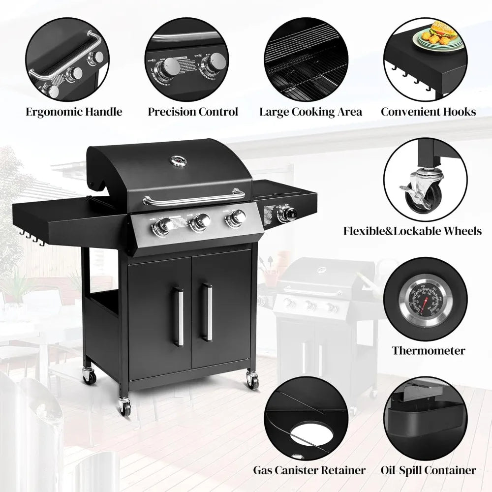 3-Burner Propane Gas BBQ Grill with Side Burner & Enameled Cast Iron Grates, 46,000 BTU Barbecue Grill with Wheels for Outdoor