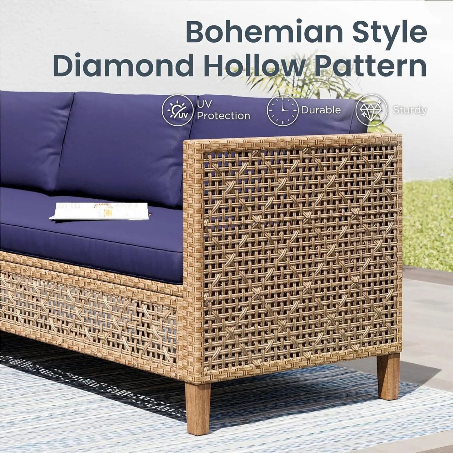 Sectional Outdoor Couch, Small Patio Furniture Set With Cushions And Acacia Wood Coffee Table, L-Shaped Wicker, Customized