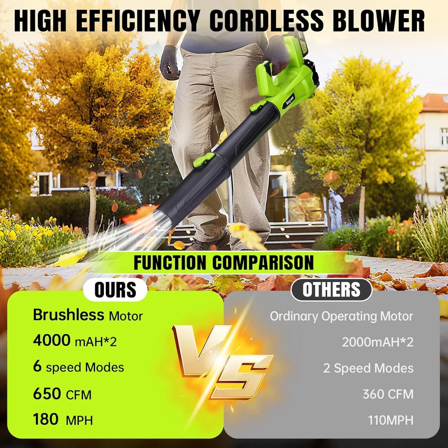 Cordless Electric Leaf Blower with 2 Batteries and Fast Charger, Lightweight for Lawn Care, Dust, Snow, 6 Speed Control