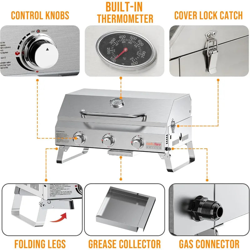 Gas Grill 3 Burners, Stainless Steel Portable Propane Grill with Foldable Legs for Outdoor Patio Backyard Camping, Tailgating