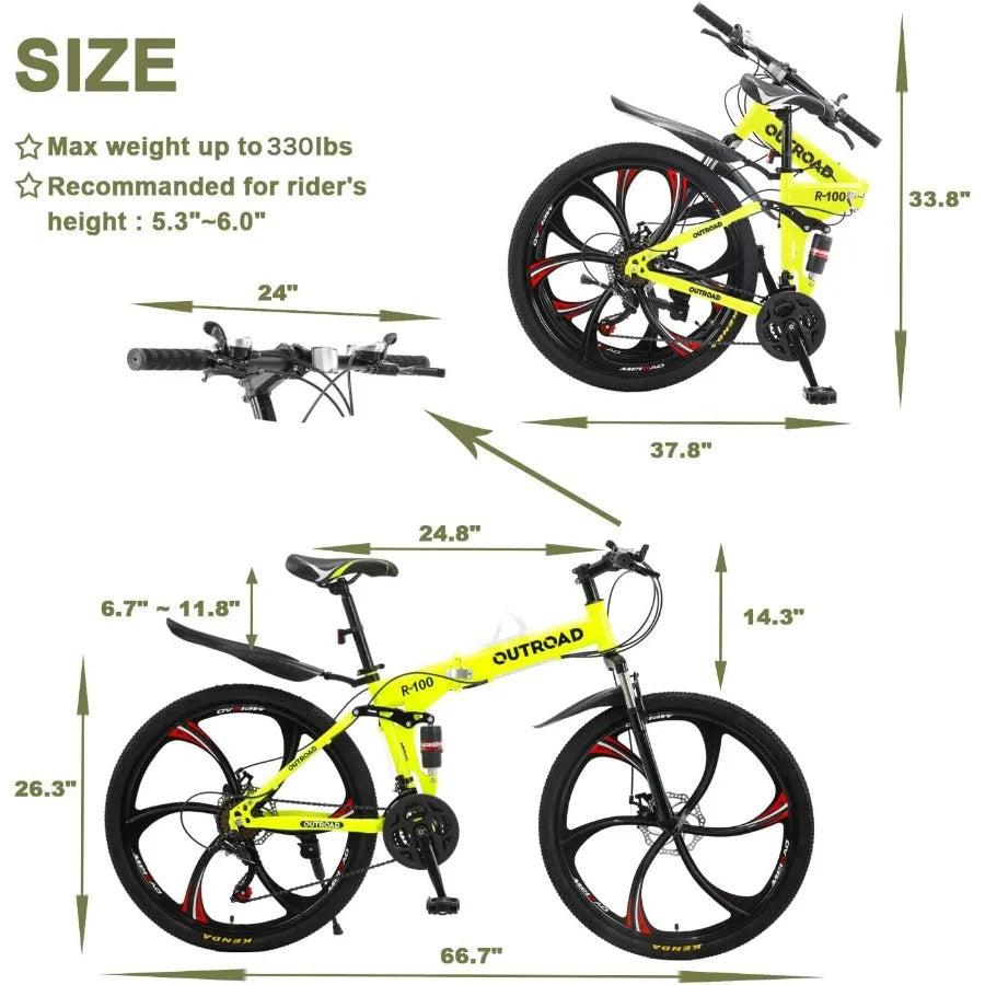 26 ich Folding Mountain Bike 21 Speed High Carbon Steel Mountain Bike for Adults with 26 Inches Durable Tires Front Suspension