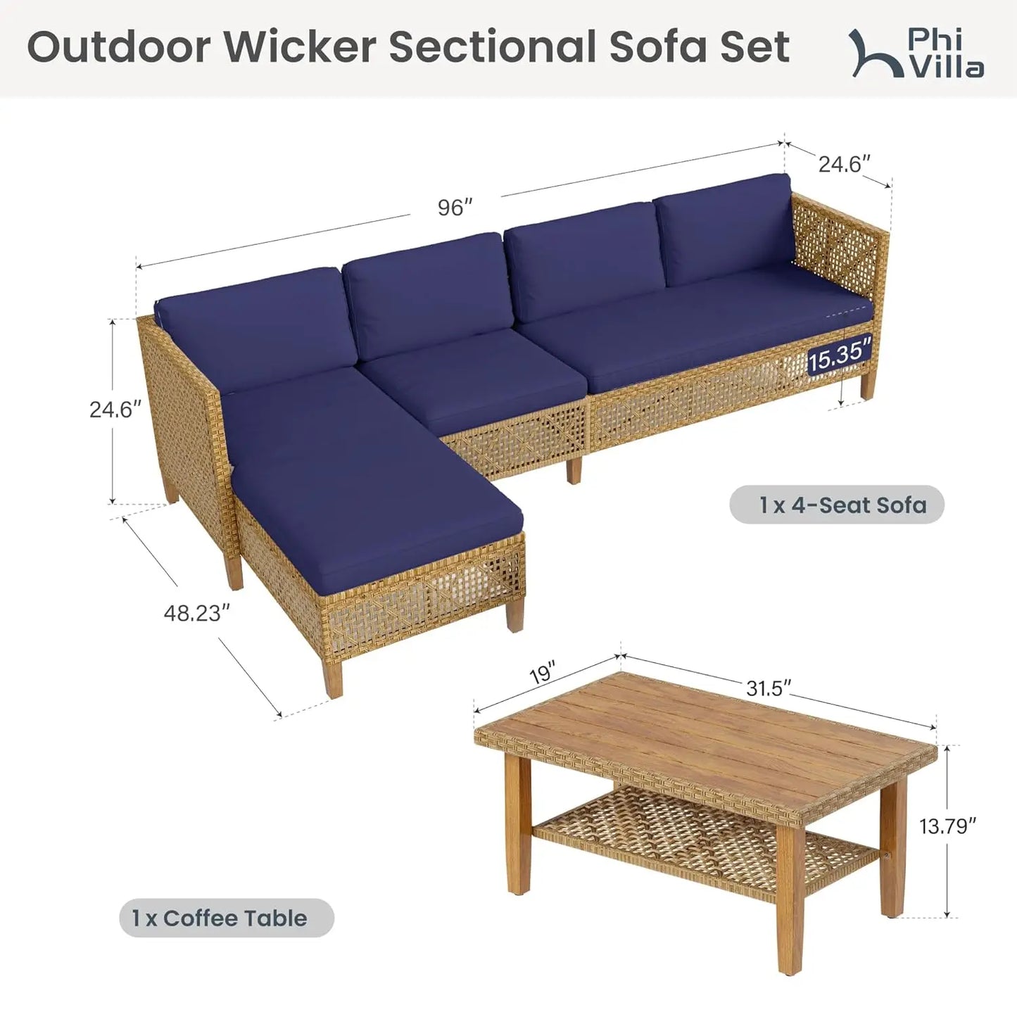 Sectional Outdoor Couch, Small Patio Furniture Set With Cushions And Acacia Wood Coffee Table, L-Shaped Wicker, Customized