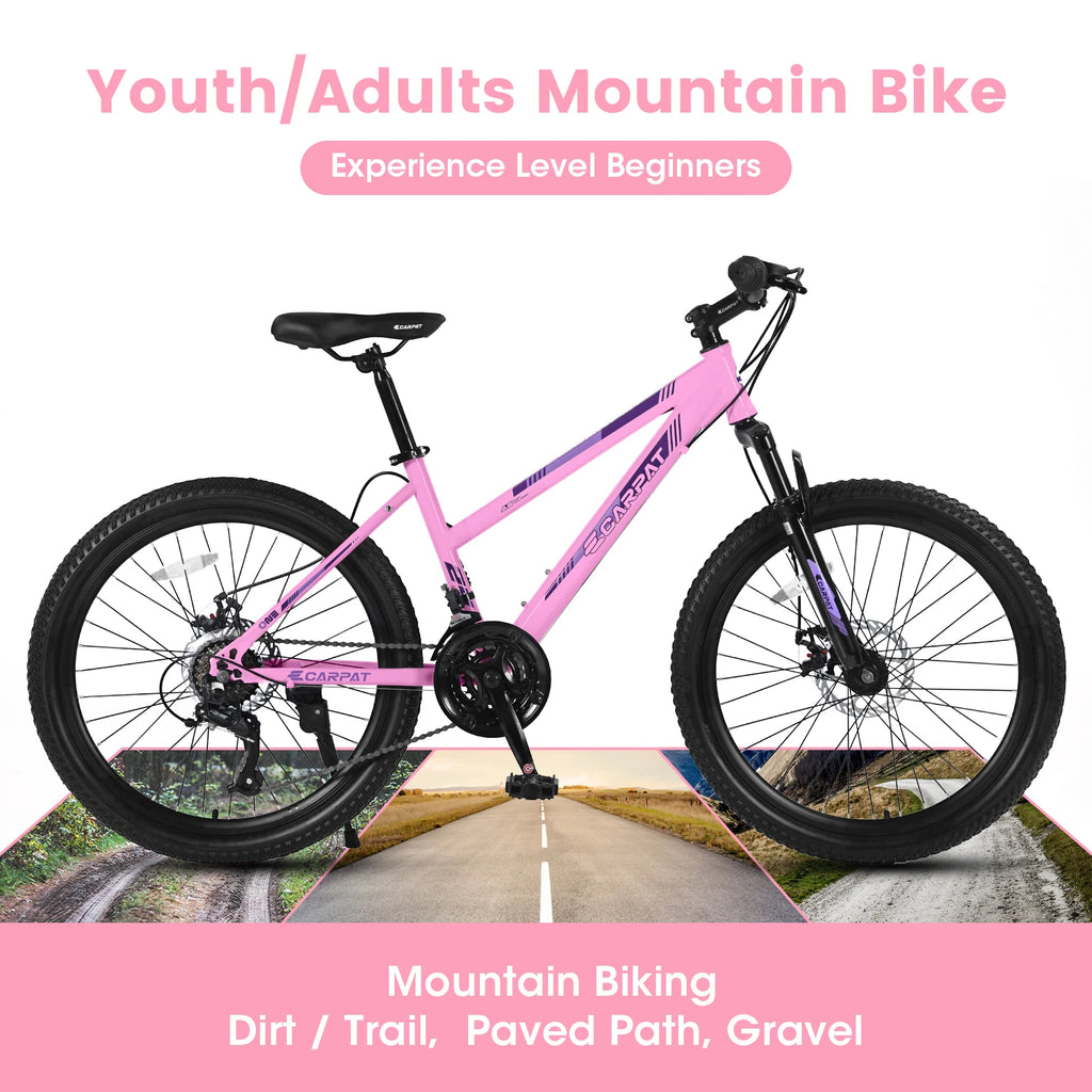 Mountain Bike 24 26 Inch Wheels, 21-Speed Disc Brake, Female Bicycles, 15" Steel Frame Front Fork Suspension