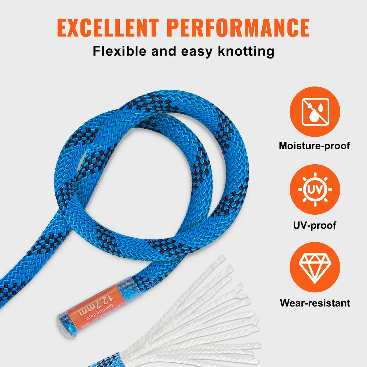 12.7mm Static Climbing Rope 125/150/200ft Outdoor Rock Climbing Rope 30KN Breaking Tension Fiber Rope w/ Steel Snap Hooks