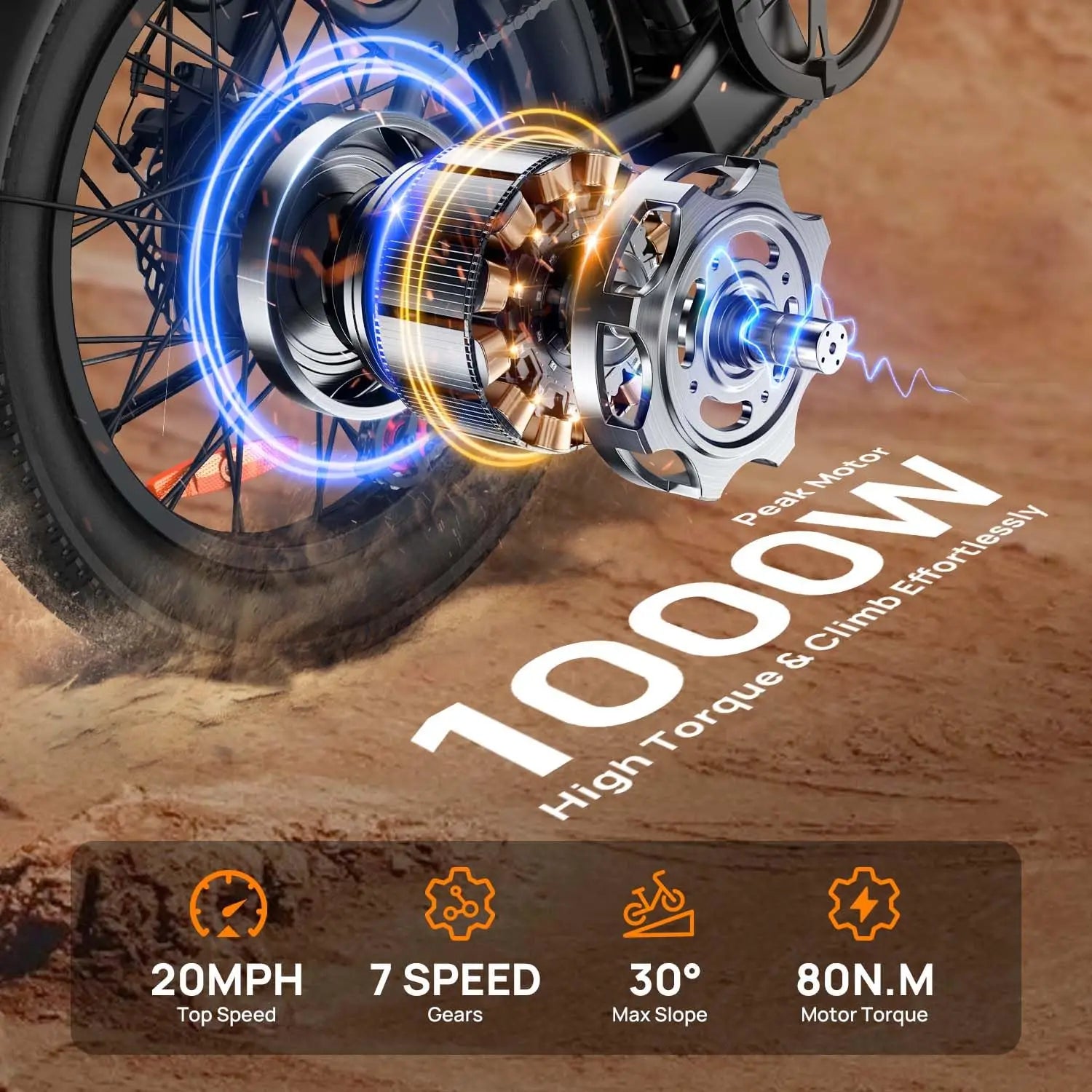 1000W Electric Bike | 48V 13Ah Removable Battery, 20MPH, 20''X3" Fat Tire, 7-Speed Electric Bicycles with Dual Disc Brake