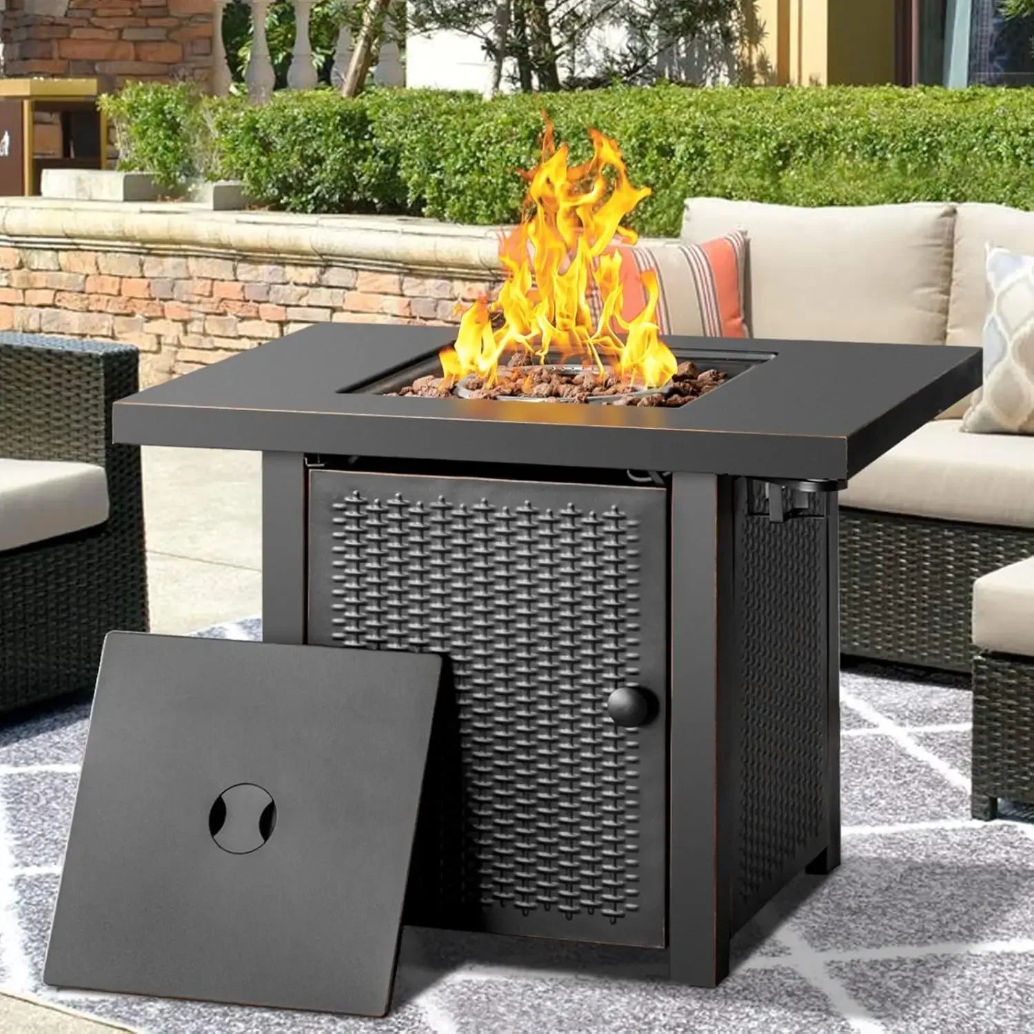 32 Inch Propane Fire Pit Table, Outdoor Gas Fire Pits with 2 Drink Holders, Lid & Lava Rock, 50000 BTU Firepit for Dinning