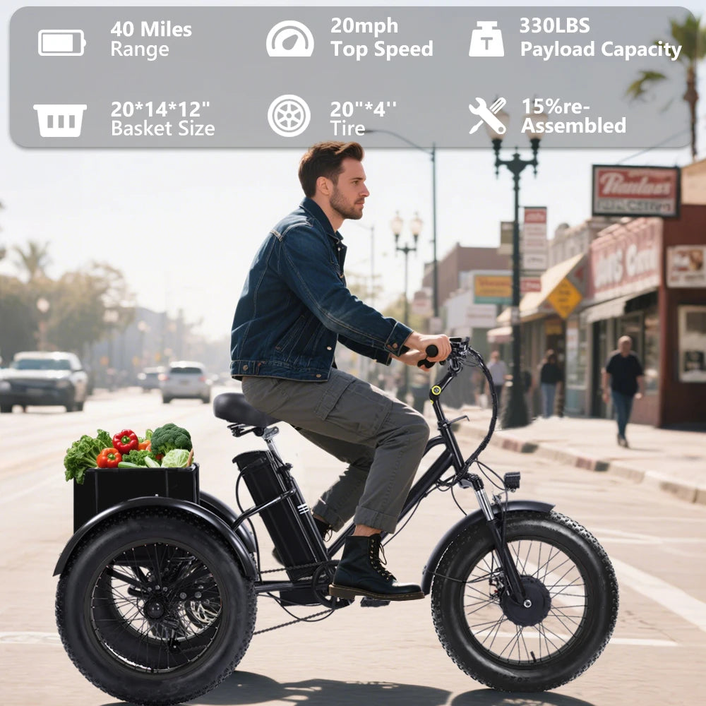 Electric Tricycle for Adults,500W Electric Trike,Electric Bicycle,20"x4.0"Fat Tire Electric Trike Fat Tire 3 Wheel electric bike