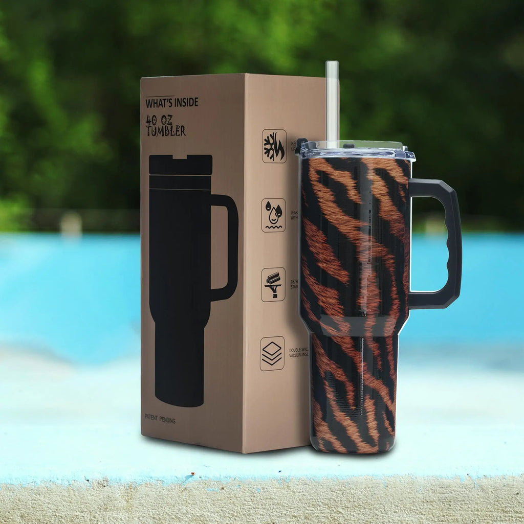 40oz Tiger Print Tumbler – Vacuum Insulated Stainless Steel Travel Mug with Leakproof Lid, Handle, Wide Mouth, BPA-Free