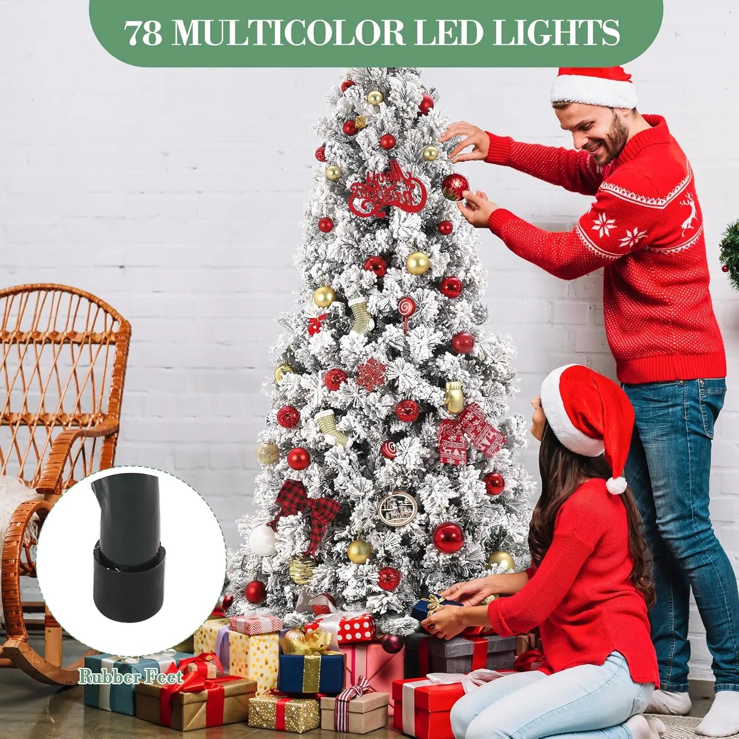 6/7.5 FT Christmas Tree with 200/300 Multicolor Led Lights, Prelit Snow Flocked Christmas Tree with Foldable Metal Base, 8 Light